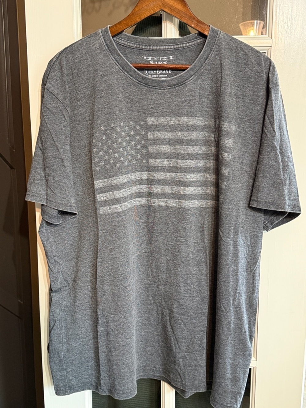 LUCKY BRAND Venice Burnout Tee Charcoal Gray American Flag Short-Sleeve Crew XXL